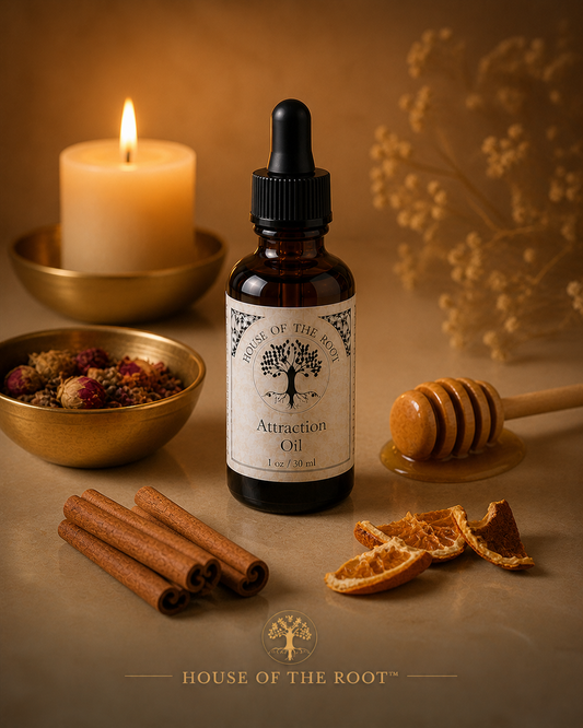 A luxury product scene featuring a centered brown glass dropper bottle labeled Attraction Oil by House of the Root™ on a warm neutral stone surface. The bottle is surrounded by a softly glowing candle, a gold bowl of premium herbs, a honey dipper with controlled honey, neatly arranged cinnamon sticks, and dried orange peel pieces. The lighting is warm and soft, creating a magnetic, inviting atmosphere with clean composition and high-end product clarity.