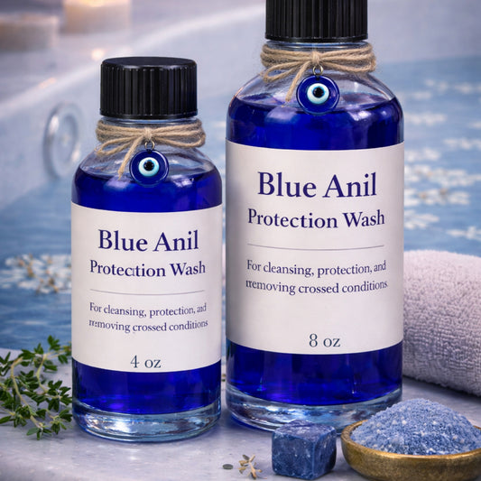 Blue Anil Protection Wash bottles styled with protective elements including evil eye charm and ritual setting