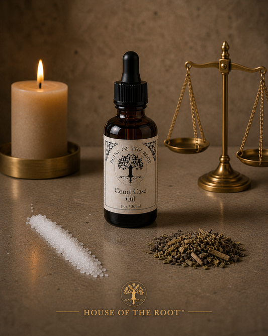 Court Case Oil by House of the Root™ displayed in a 1 oz amber glass dropper bottle with a lit candle, white salt, herbal blend and a gold scale on a warm neutral surface, representing justice, favorable rulings and steady legal support.