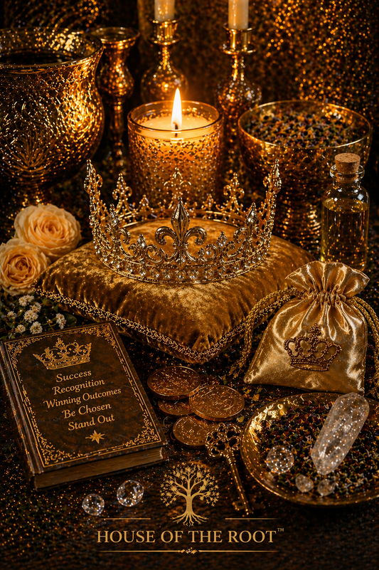 Luxurious golden altar featuring a crown candlelight coins herbs and crystals arranged to represent success recognition elevation and favorable outcomes