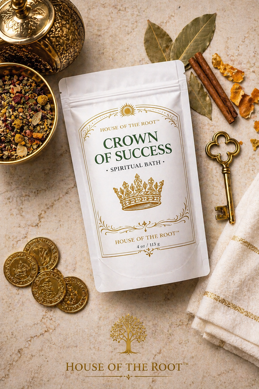 Luxury ritual bath setup featuring Crown of Success Spiritual Bath by House of the Root™ with a white candle, folded cloth and gold accents arranged on a clean neutral surface symbolizing confidence, recognition and personal elevation
