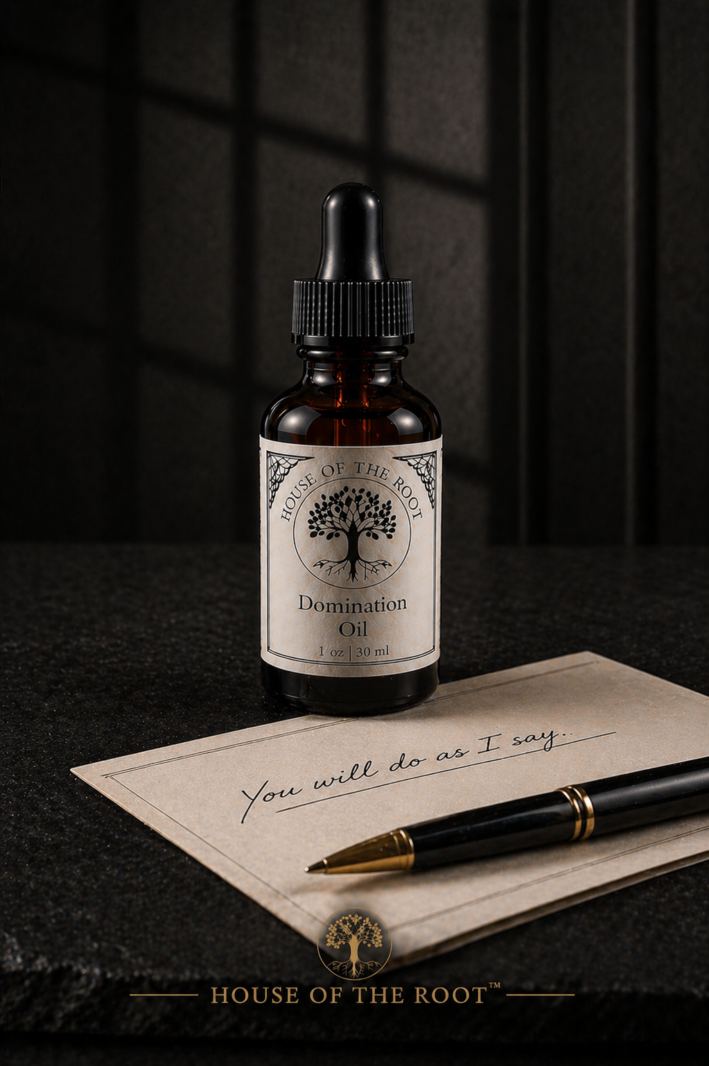 Amber bottle of Domination Oil with handwritten command note and pen on dark surface in clean, controlled setting
