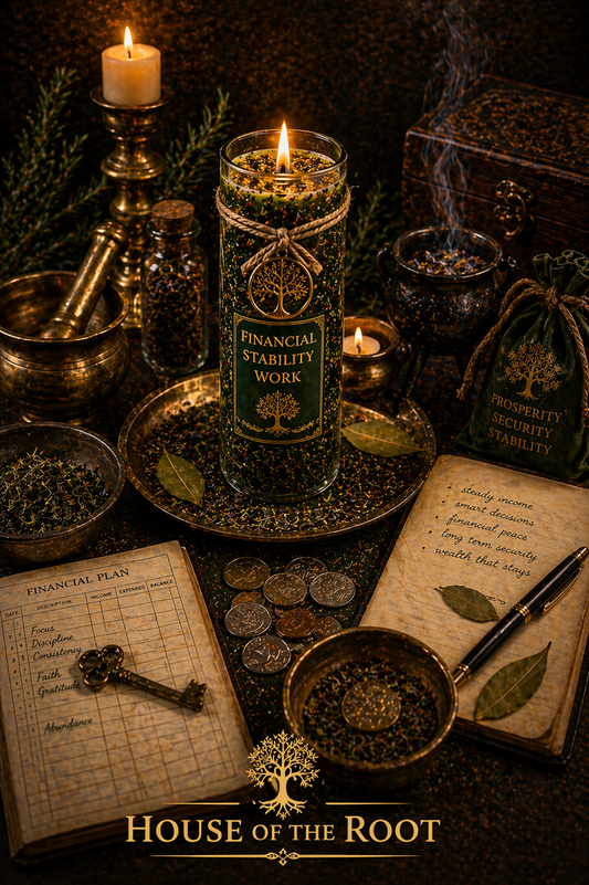 Financial Stability Work altar with green dressed candle coins herbs brass tools and warm candlelight