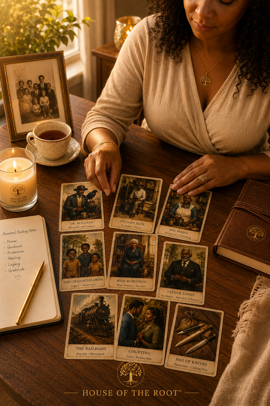 Editorial-style luxury spiritual reading image featuring Hoodoo Tarot inspired cards with Black ancestral figures, rootworkers, and Southern conjure imagery arranged beside a candle, tea cup, leather journal, notebook, and framed vintage family photograph on a polished walnut table in warm honey-gold evening lighting for House of the Root™ Ancestral Reading.