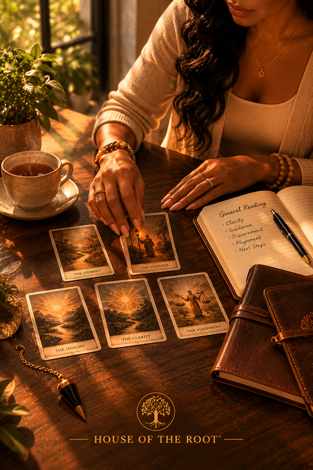 Cinematic lifestyle image of a beautiful medium tanned Black woman conducting a House of the Root™ General Reading session while thoughtfully arranging tarot cards beside a leather journal, pendulum, tea cup, and notebook on a polished walnut table with warm natural lighting.