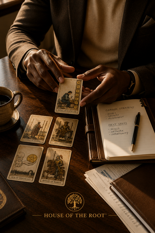 Cinematic lifestyle image of a mature Black man’s hands reviewing tarot cards during a House of the Root™ Money & Career Reading session beside a leather planner, coffee cup, paperwork, and pen on a polished walnut desk with warm natural lighting.