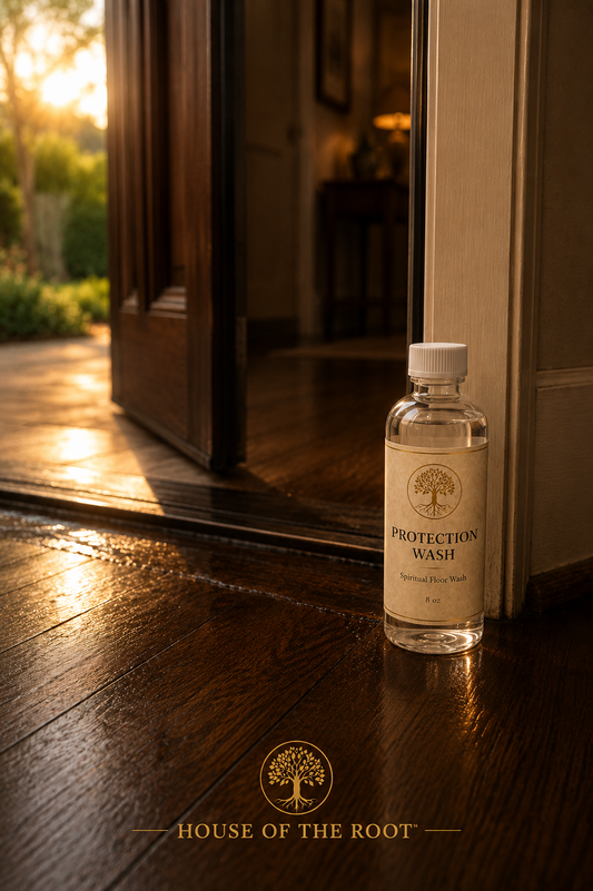 Cinematic lifestyle image of House of the Root™ Protection Wash bottle placed near a luxury home doorway with warm golden sunlight reflecting across rich dark wood flooring and subtle floor wash moisture near the threshold.
