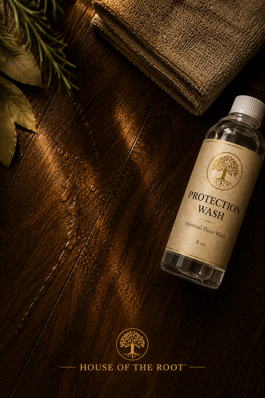 Top-down luxury ritual image of House of the Root™ Protection Wash bottle on rich dark wood flooring with soft water streaks, folded cleaning cloth, and subtle rosemary and bay leaf accents in warm cinematic lighting.
