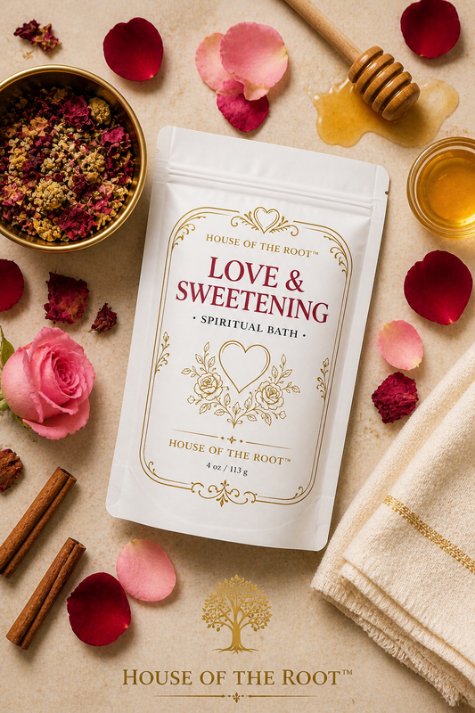 Close-up of Love & Sweetening Oil being applied with a glass dropper, showing a single drop of oil mid-air above the palm, styled on a clean neutral surface with soft romantic elements symbolizing sweetness, harmony and attraction.