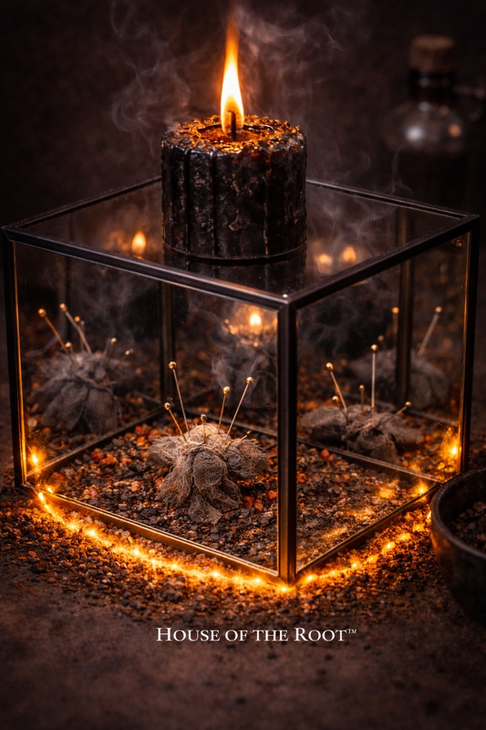 Close-up of mirror box with candle and reflected setup showing controlled spiritual containment and energy reflection