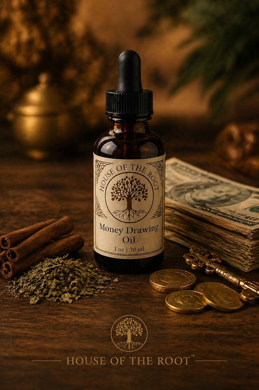 Amber bottle of Money Drawing Oil with folded cash, coins, cinnamon, and dried herbs on wooden surface in warm, grounded setting