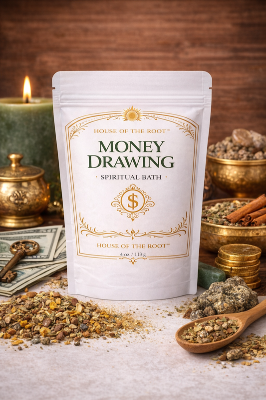 Money Drawing Spiritual Bath by House of the Root with candle money coins and herbs on wooden surface