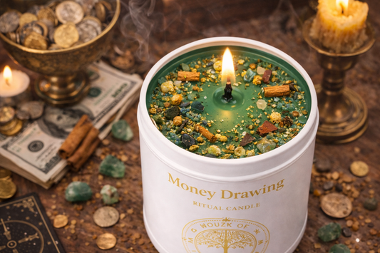 Angle view of House of the Root Money Drawing Ritual Candle with green wax, prosperity herbs and crystals in a white ritual candle tin.