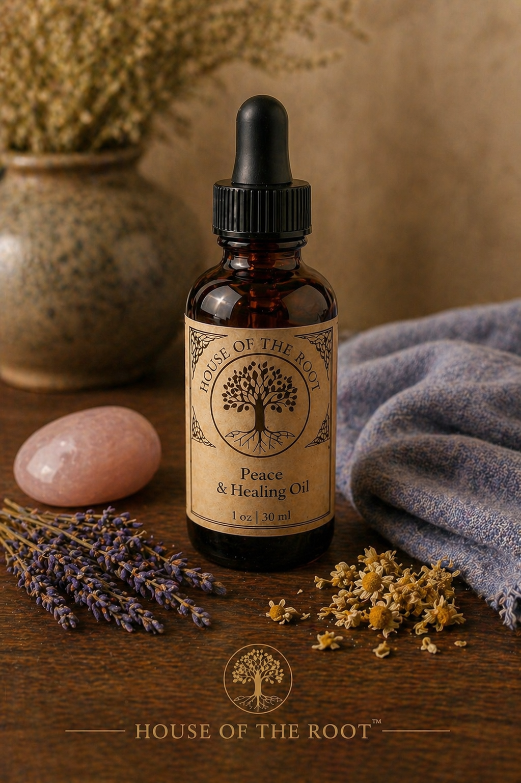 Amber bottle of Peace and Healing Oil with lavender, chamomile, soft cloth, and stone on wooden surface in calm, warm setting
