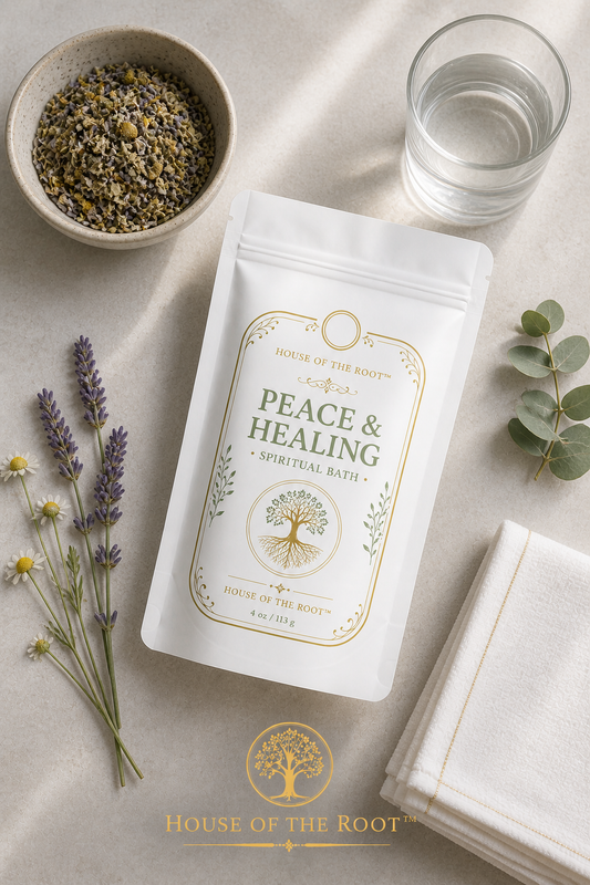 Calm, serene ritual scene showing Peace & Healing Spiritual Bath prepared in water with a folded white cloth nearby, styled in a clean, peaceful environment representing healing, release, comfort and spiritual reset.