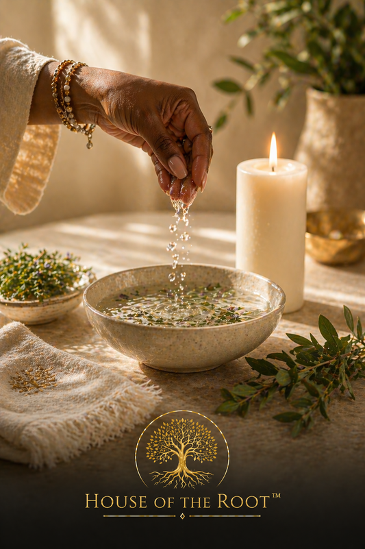 Hand sprinkling clean water from a bowl with gentle motion and candlelight representing peace restoration and calming energy being worked into the home