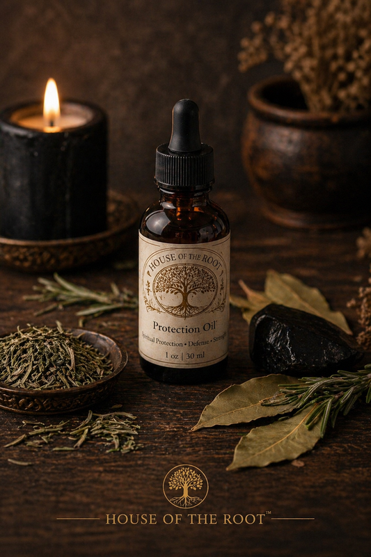 Amber bottle of Protection Oil with black stone, herbs, and candle on wooden surface in grounded ritual environment