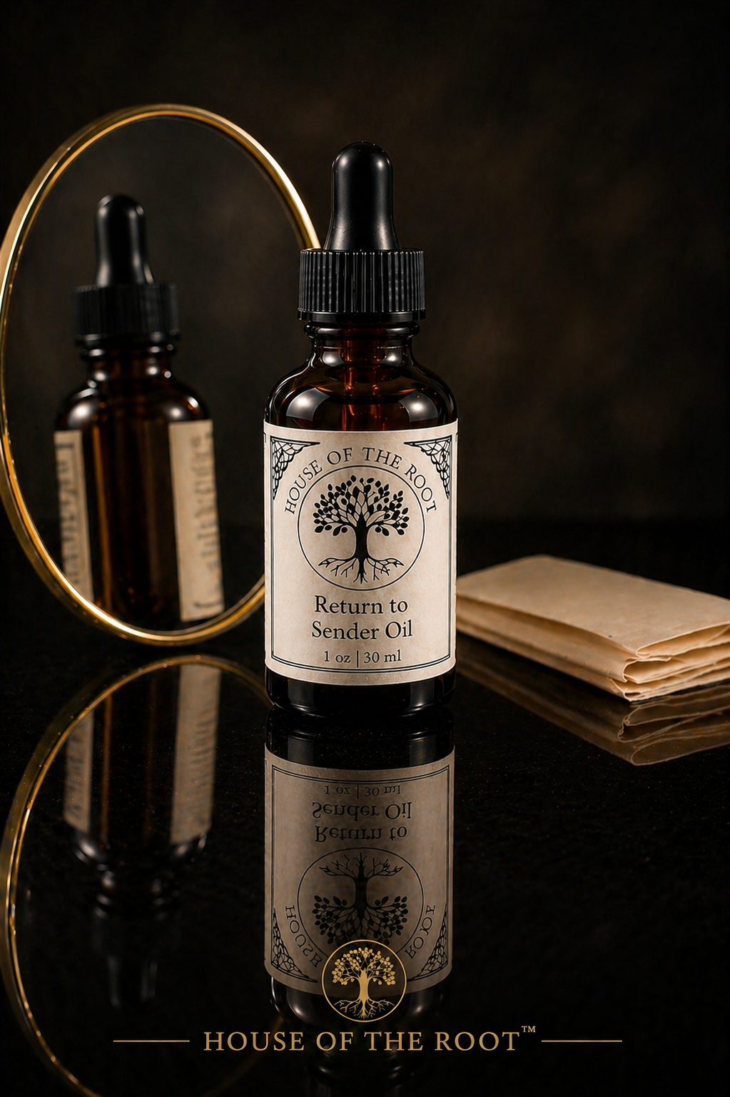 Amber bottle of Return to Sender Oil with mirror and folded paper on dark reflective surface in clean, controlled setting