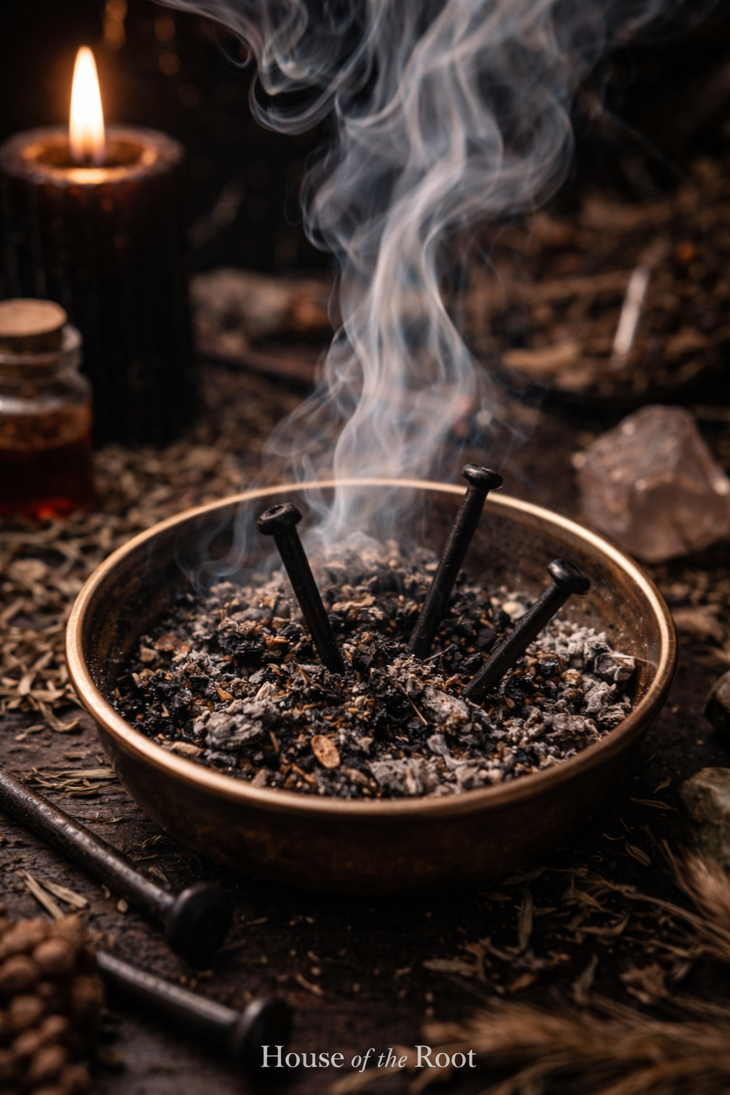 Close-up of smoking herbs and ash with strong rising smoke showing active return to sender energy work in progress