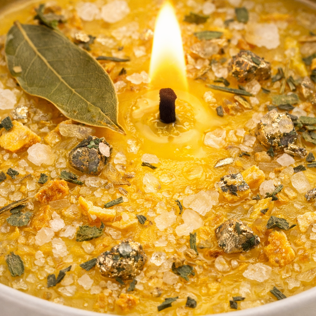 Close-up of Road Opener Ritual Candle wax surface with herbs and crystals traditionally used in hoodoo road opening work.