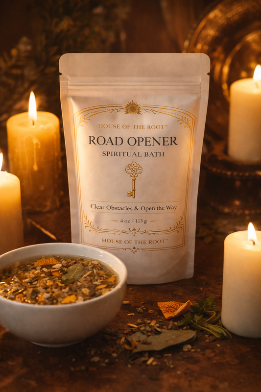 Top view of Road Opener bath herbs including lemongrass, orange peel and bay leaf