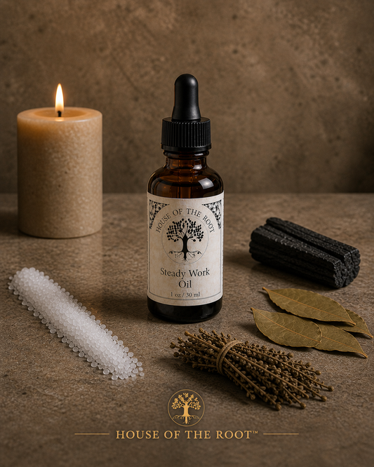 Steady Work Oil by House of the Root™ displayed in a 1 oz amber glass dropper bottle with a lit candle, white salt, black tourmaline, bay leaves and bundled herbs on a warm neutral stone surface, representing reliable work, consistent income and stable opportunities.