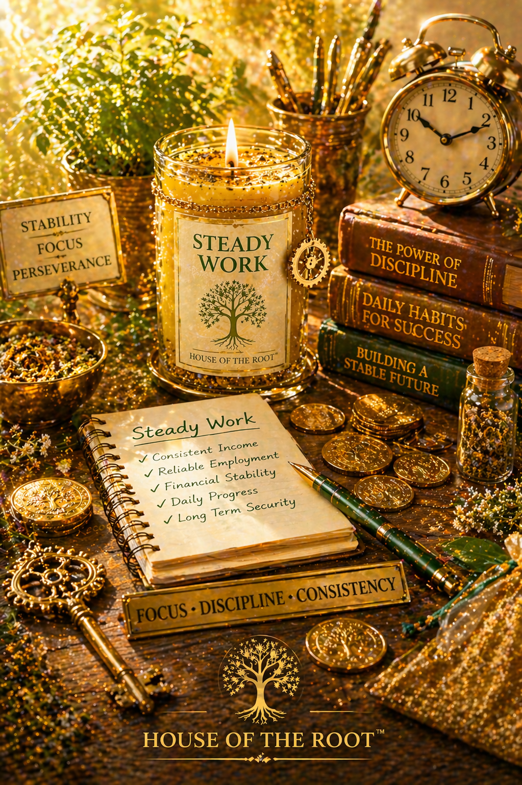 Candlelit altar with coins herbs ledger book and tools representing steady income consistency and financial stability