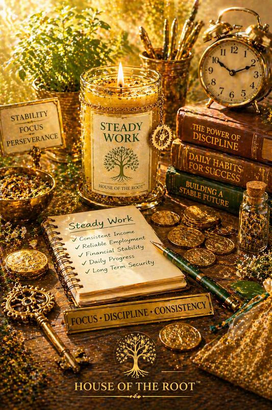 Candlelit altar with coins herbs ledger book and tools representing steady income consistency and financial stability