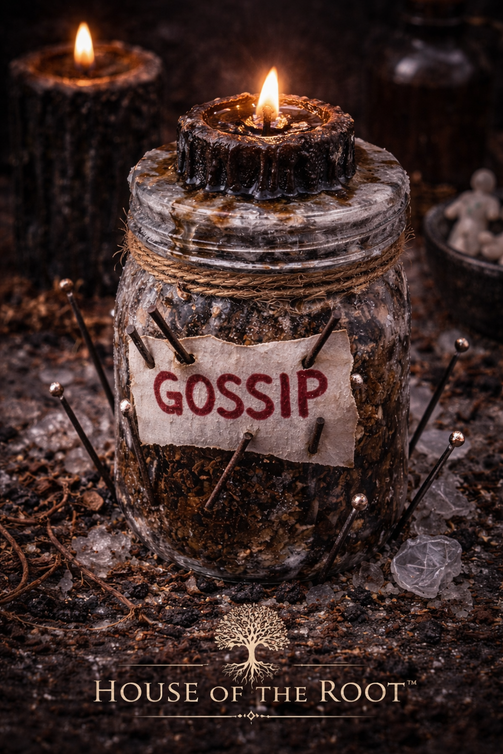 Close-up of jar with pins and candle showing active stop gossip work used to silence rumors and restrict negative communication
