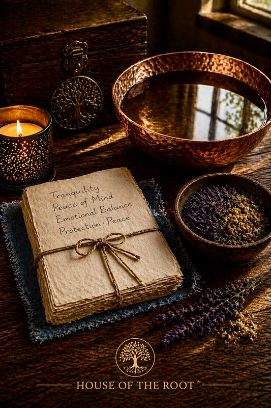 Folded petition papers resting on a textured wooden table with a subtle haint blue cloth beneath, alongside a hammered copper bowl filled with still water and a separate bowl of lavender and chamomile herbs, representing grounded tranquility, emotional balance, and peaceful spiritual maintenance by House of the Root™.