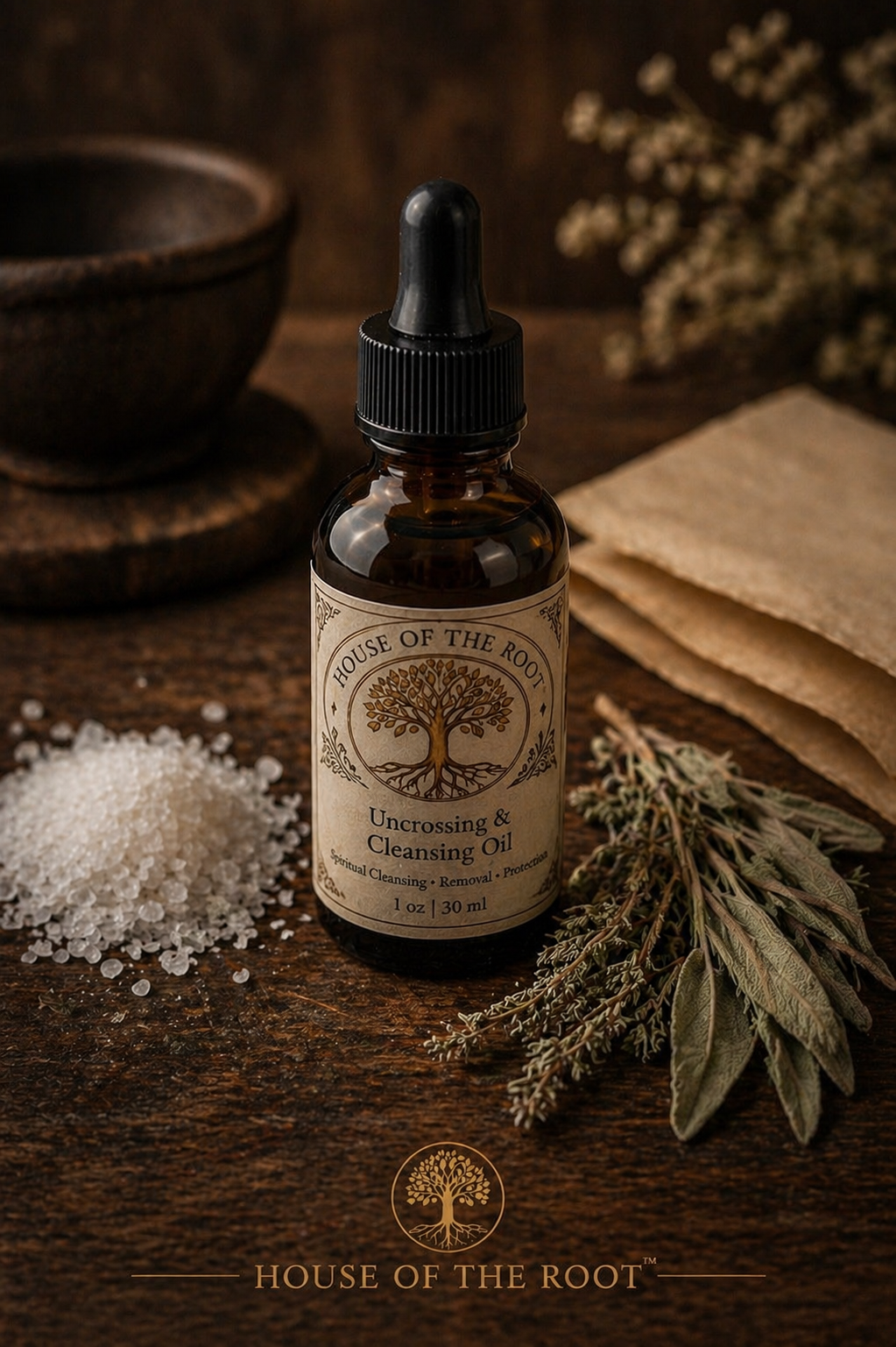 Amber bottle of Uncrossing and Cleansing Oil with salt, dried herbs, and parchment on wooden surface in clean ritual setting