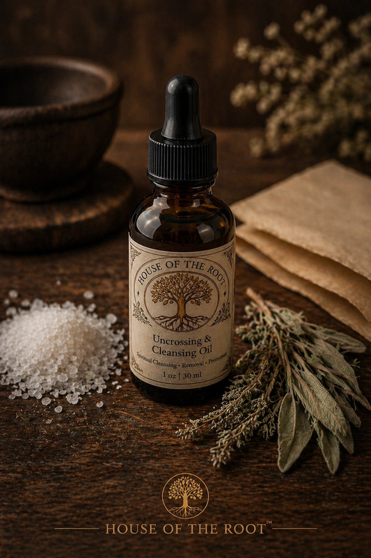 Amber bottle of Uncrossing and Cleansing Oil with salt, dried herbs, and parchment on wooden surface in clean ritual setting