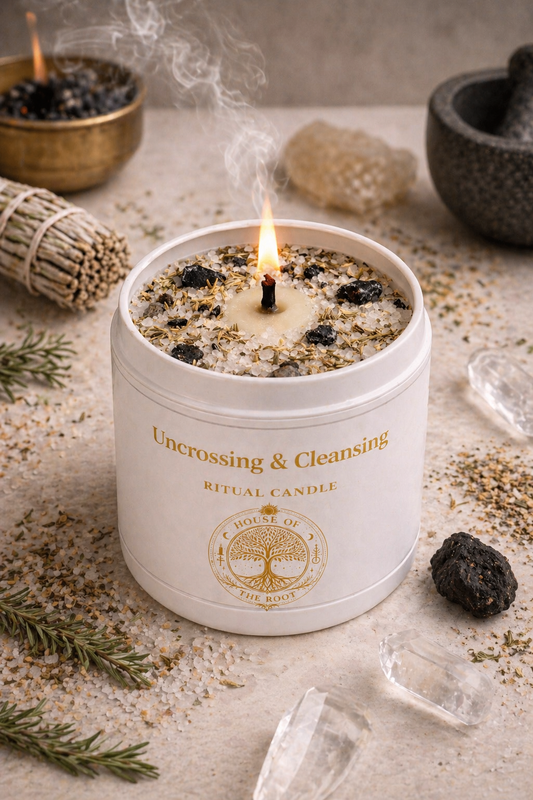 Uncrossing and cleansing candle burning on light stone surface surrounded by herbs crystals and cleansing elements