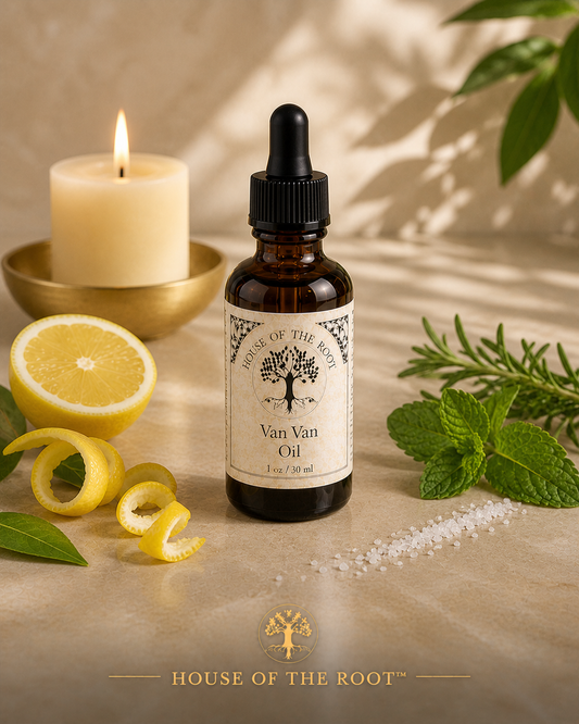 A clean luxury product scene featuring a centered brown glass dropper bottle labeled Van Van Oil by House of the Root™ on a warm neutral stone surface. The bottle is arranged with fresh citrus elements, green herbs, and a minimal placement of fine salt. A lit candle sits behind the bottle with a clean flame. The lighting is bright and warm, creating a fresh, active, and uplifting visual that suggests movement and opportunity.