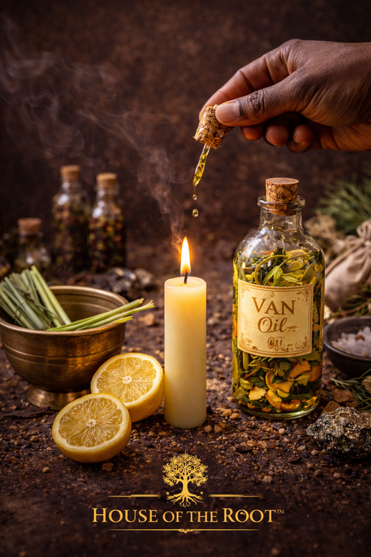 Female hands applying Van Van oil to candle for cleansing, opening roads and attracting success by House of the Root™