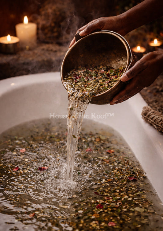 Close-up of hands mixing herbs in bowl for spiritual cleansing bath preparation