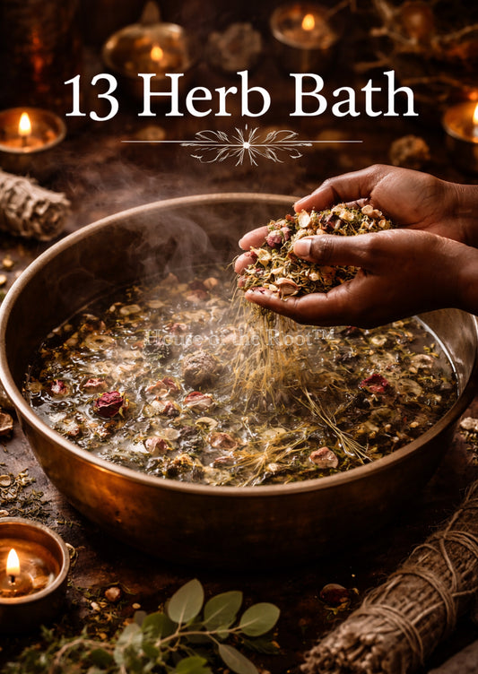 Bowl of blended herbs prepared for traditional 13 herb spiritual bath cleansing and purification