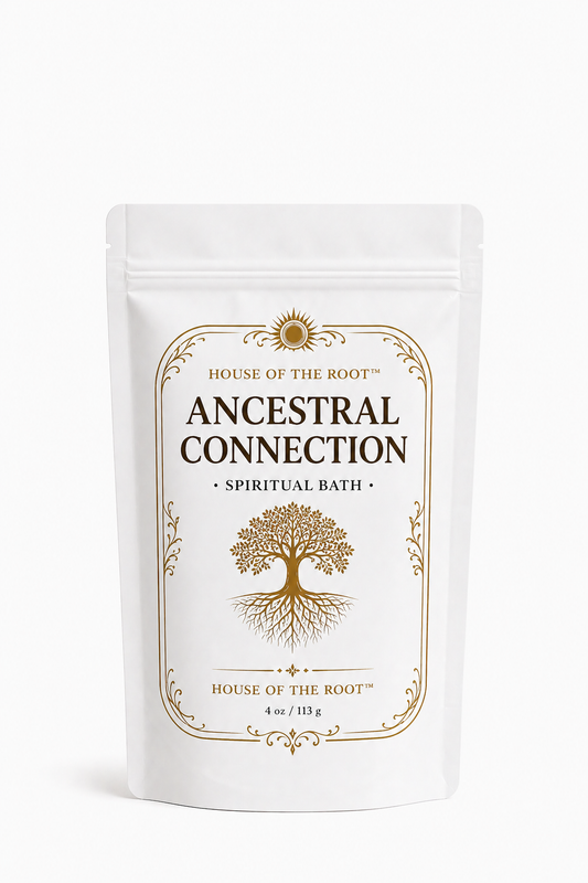 Ancestral Connection Spiritual Bath by House of the Root™ displayed in a clean, elevated setting with a matte white pouch and gold detailing, styled with minimal ritual elements representing ancestral guidance, spiritual connection and rooted tradition.