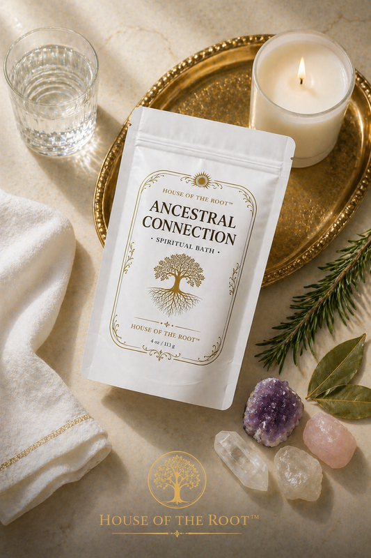 Black woman’s hands gently adding Ancestral Connection Spiritual Bath herbs into a bowl of warm water on a soft neutral surface, with the product pouch visible in the background, representing preparation, intention and ancestral connection.