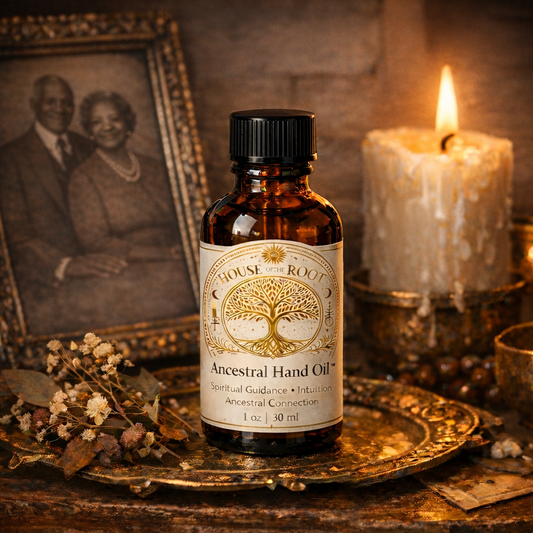 1 oz amber glass bottle of Ancestral Hand Oil with black cap, clear golden oil, minimal luxury background, House of the Root spiritual oil
