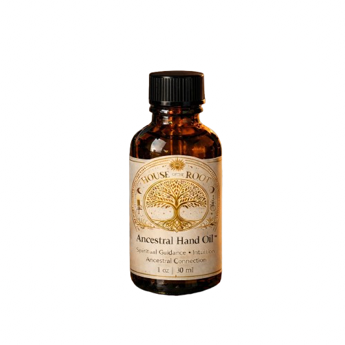 top-down view of clear golden Ancestral Hand Oil inside glass bottle showing smooth texture and light reflection, luxury spiritual oil aesthetic
