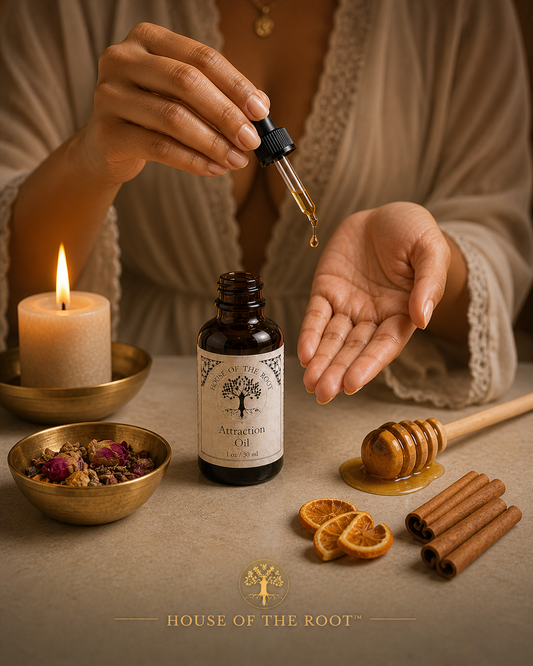 A warm-toned luxury ritual scene showing a young Black woman’s hands with neutral polished nails holding a glass dropper above her open palm, releasing a drop of Attraction Oil from a brown glass bottle labeled House of the Root™. The bottle sits centered on a smooth neutral stone surface. Surrounding elements include a softly lit candle, a gold bowl of intact herbs, a honey dipper with a light drizzle of honey, cinnamon sticks, and dried orange peel. The composition feels inviting, balanced, and intentiona