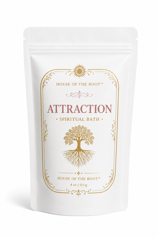 Attraction Spiritual Bath by House of the Root™ displayed in a clean, elevated setting with a matte white pouch and gold detailing, styled with warm, inviting elements representing attraction, magnetism, confidence and drawing desired energy.