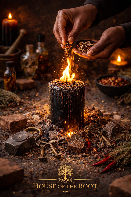 Female hands performing Block Buster ritual with black candle, herbs and tools breaking heavy blockages and removing resistance by House of the Root™