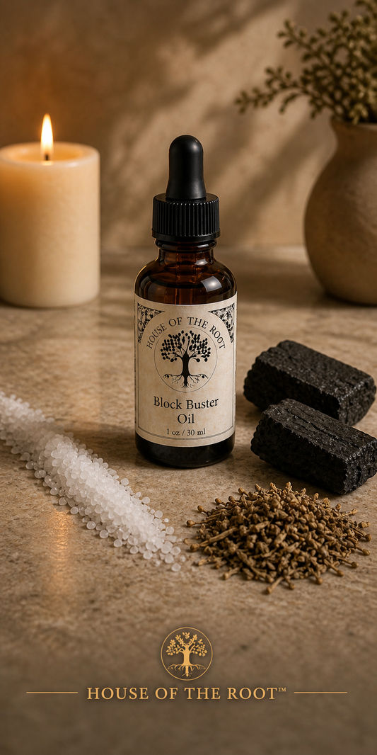 Blockbuster Oil by House of the Root™ displayed in a clean, elevated setting with a 1 oz amber glass bottle and dropper, styled with bold, grounded elements representing the breaking of obstacles, forceful movement and powerful spiritual clearing.