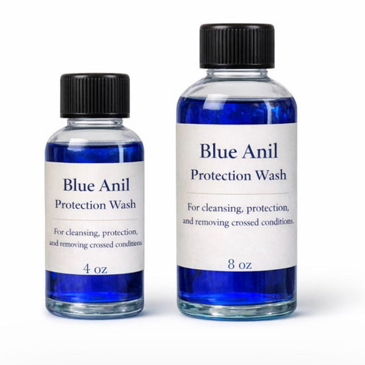 4 oz and 8 oz Blue Anil Protection Wash bottles with deep blue liquid on a clean white background