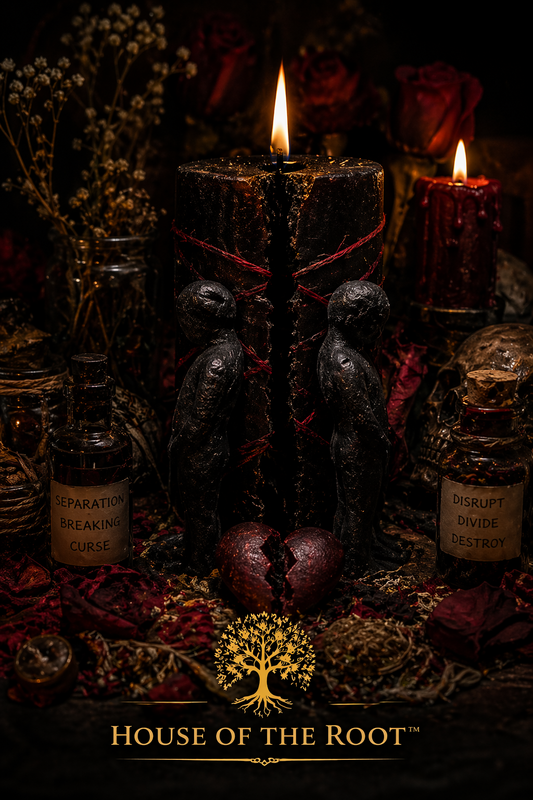 Spiritual altar with two separated candles herbs and ritual tools symbolizing division conflict and the ending of a connection