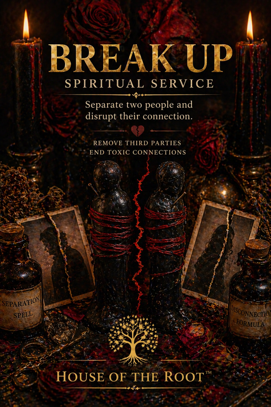 Break up spiritual service candle ritual with two separated figures red binding thread and cracked division representing separation and disconnection