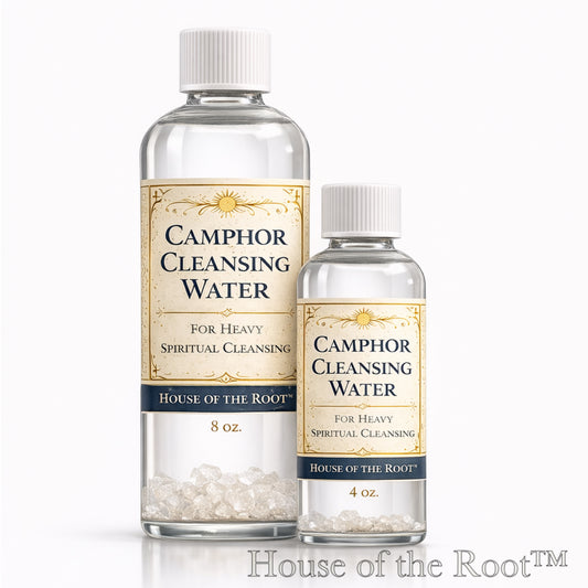 4 oz and 8 oz Camphor Cleansing Water bottles with clear liquid and crystal base on a clean white background, House of the Root™