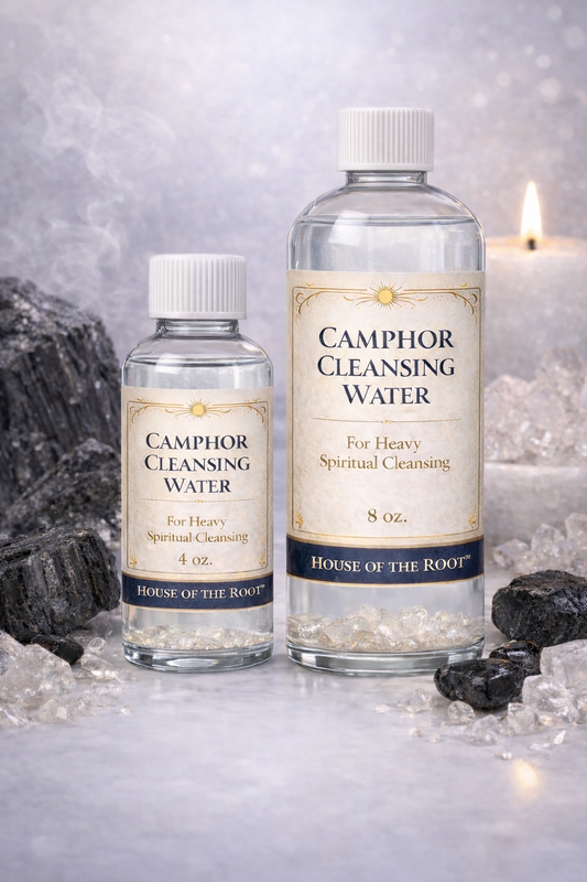 4 oz and 8 oz Camphor Cleansing Water bottles with clear liquid and crystal base on a clean white background, House of the Root™